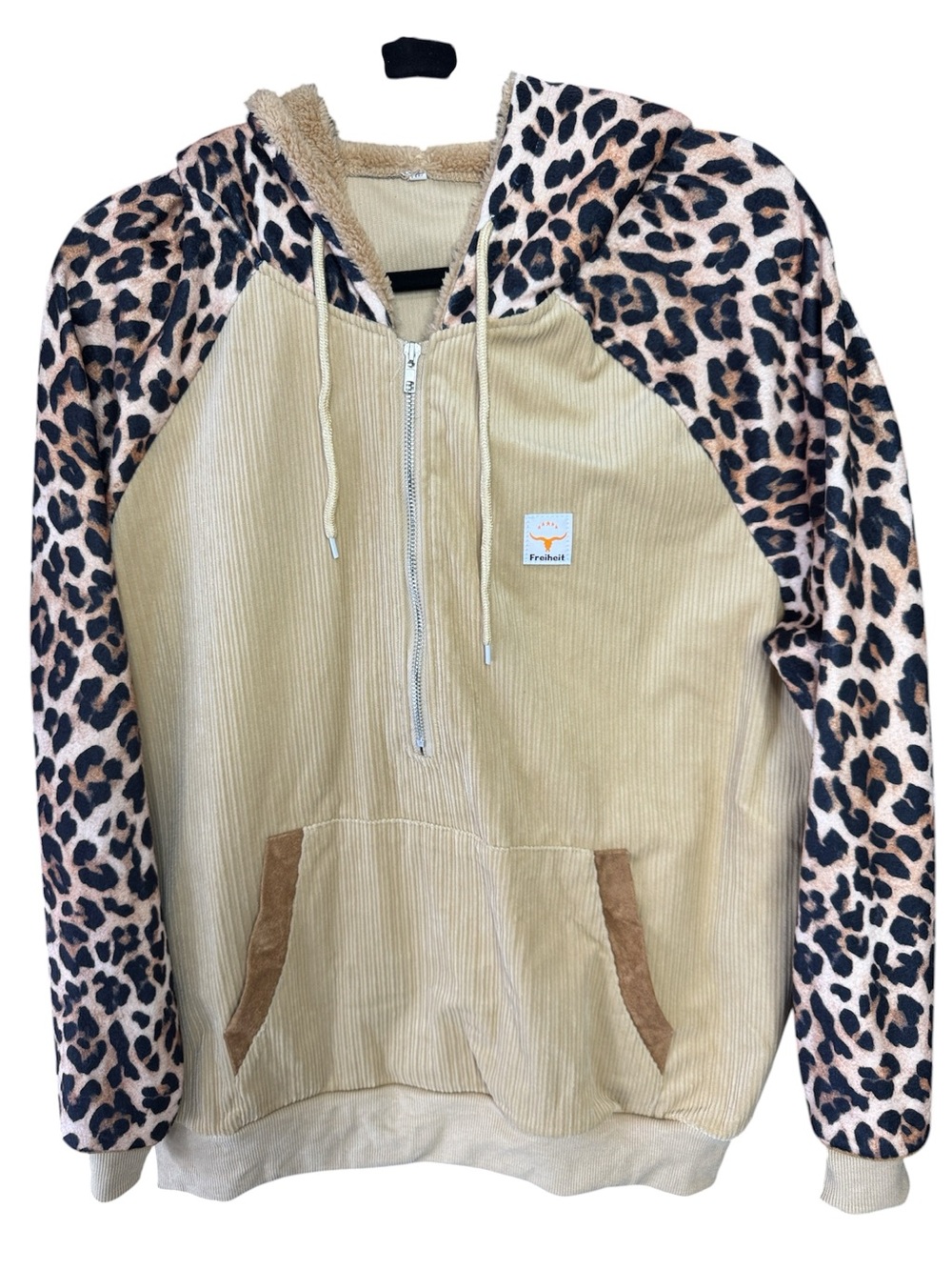 Half-Zip Corduroy Hoodie with Leopard Sleeves